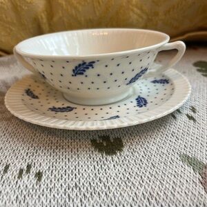 Elegant Blue and White Polka Dot Teacup and Saucer
